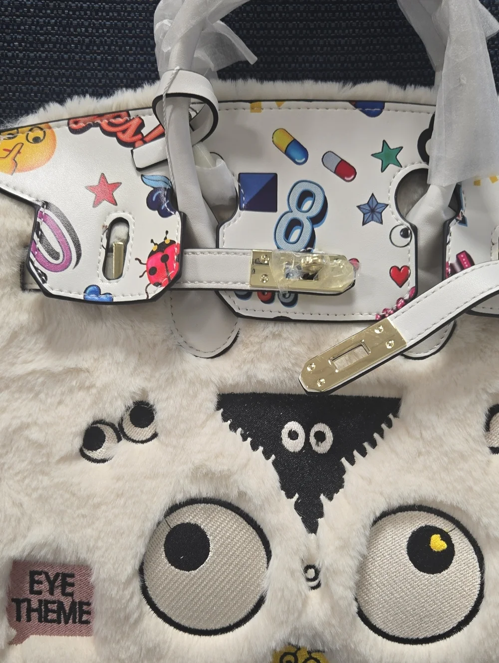 White  Fur Novelty Tote Bag with Graphiti Accents. Very Roomy And Fun.